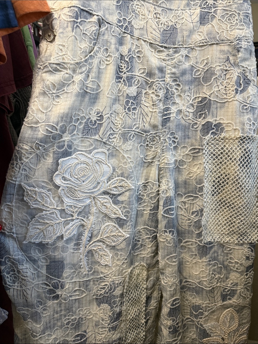 Boho Blue and Cream Patchwork Overalls - Picture 5 of 8